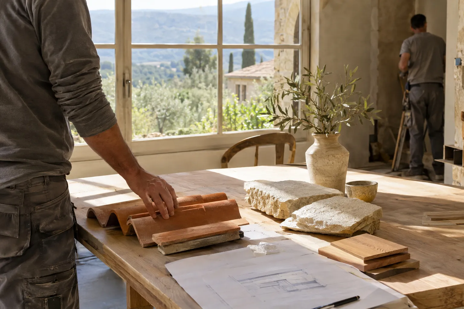 Échantillons de matériaux de rénovation provençale sur une table : enduit à la chaux, carreaux de sol, tuile canal et volet en bois