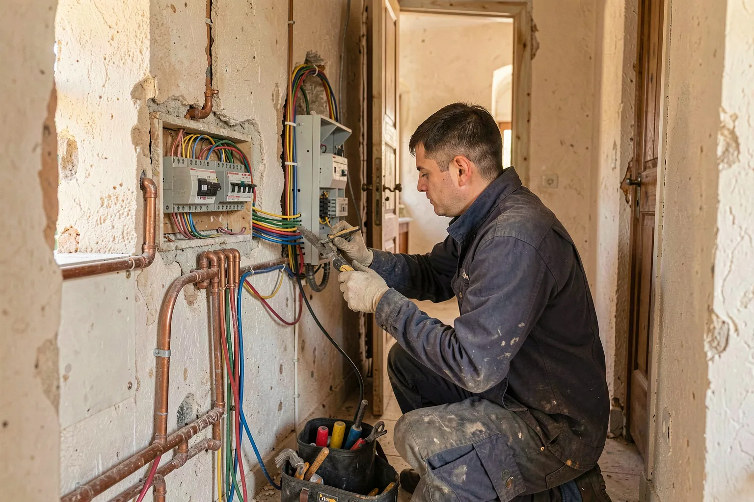 Électricien accroupi devant un tableau électrique neuf dans le couloir d'un logement ancien, murs ouverts avec tuyaux de cuivre et câbles colorés