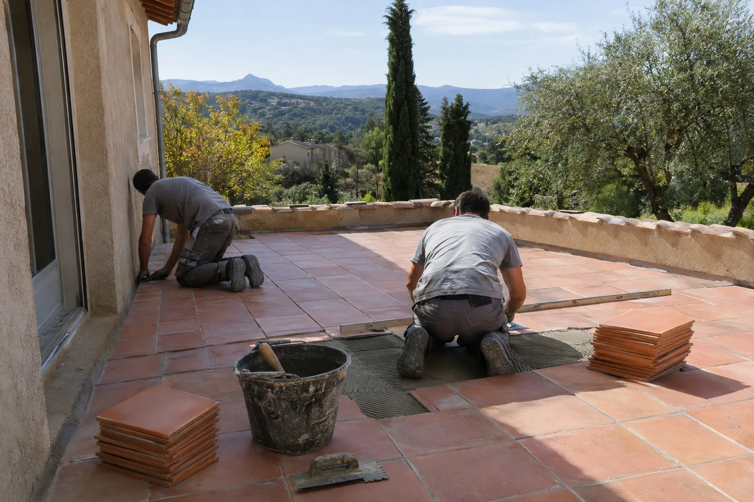 Terrasse en carreaux de terre cuite d'une maison pavillonnaire d'Aubagne, deux carreleurs en pleine pose