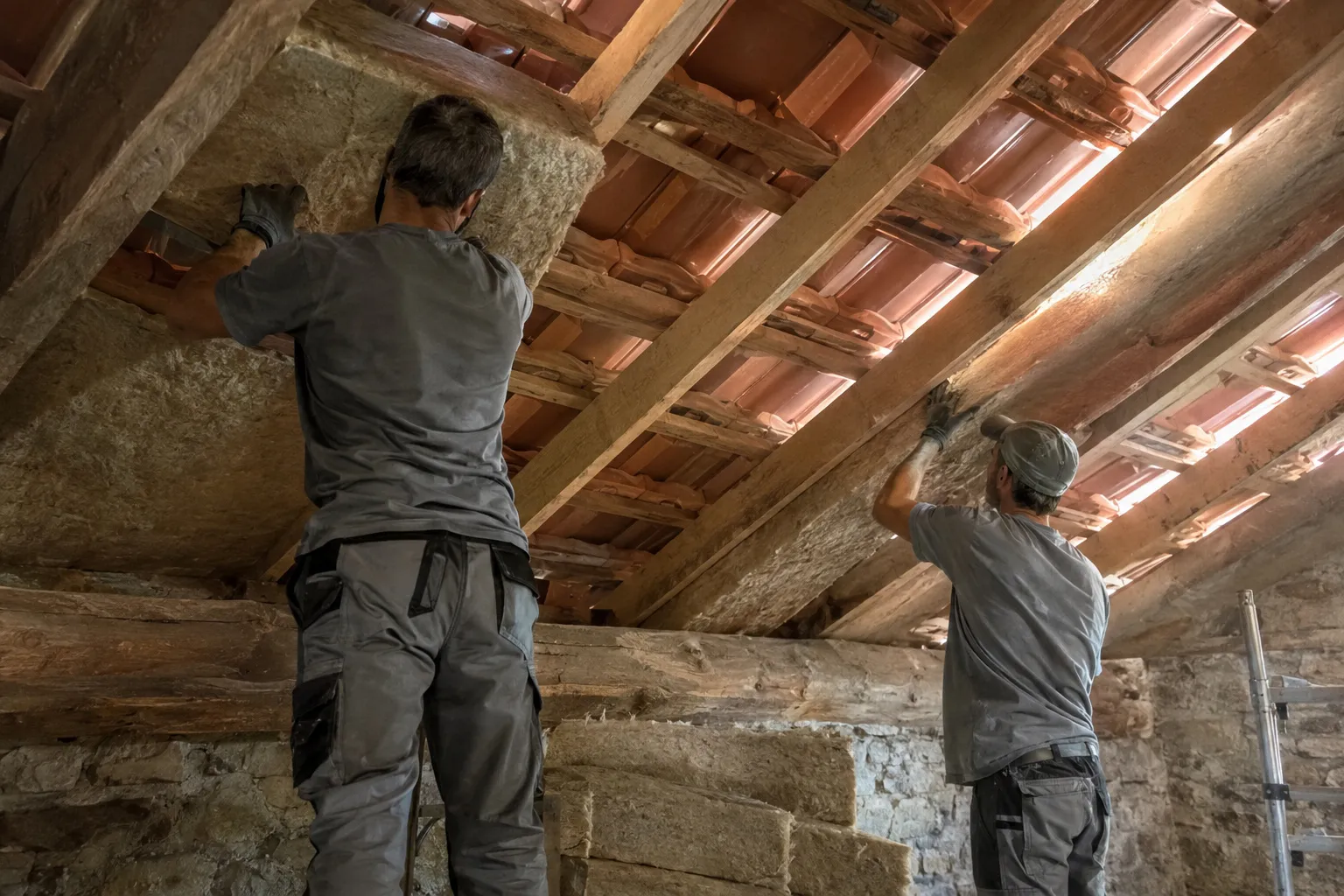 Combles d'une maison d'Aubagne en cours d'isolation, panneaux d'isolant dense posés sous la charpente et sous les tuiles