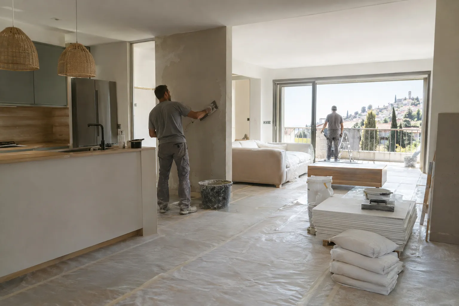 Appartement d'Aubagne en rénovation : cloison ouverte entre cuisine et séjour, sol protégé et plans de réagencement posés sur un tréteau