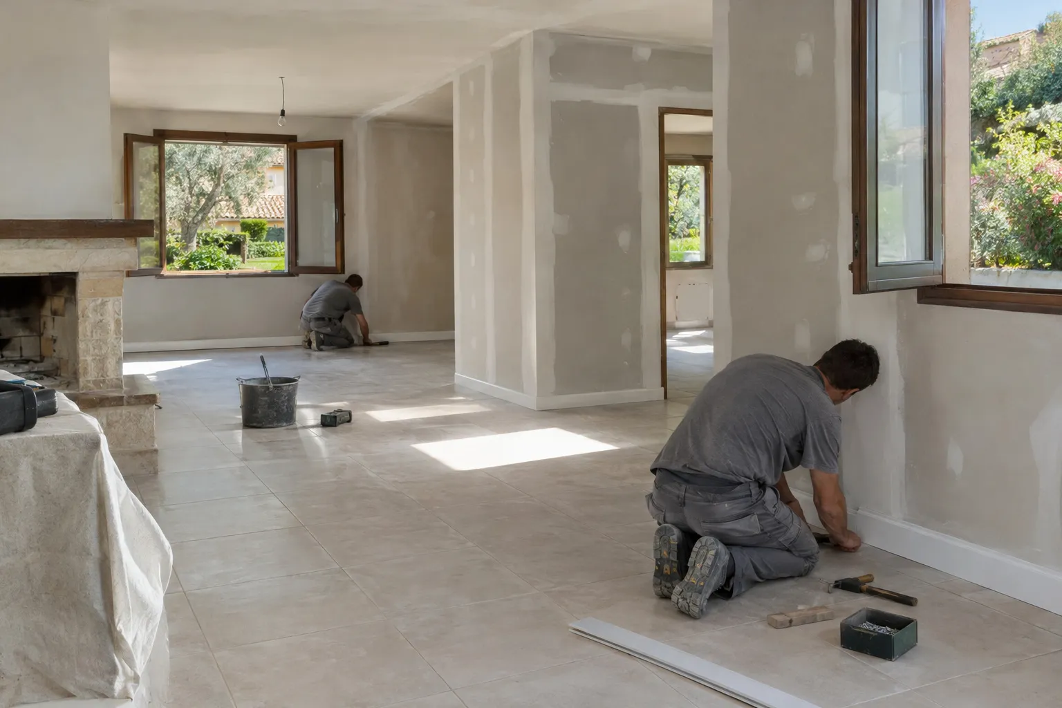 Maison pavillonnaire d'Aubagne en chantier : pièce de vie dépouillée jusqu'aux murs, gaines électriques neuves et cloison en cours de montage