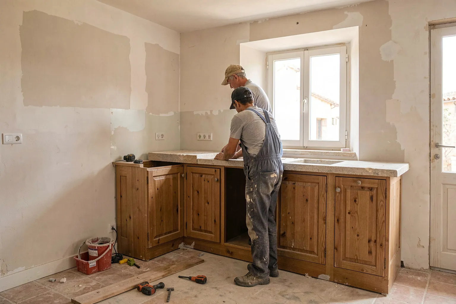 Cuisine en cours de pose dans un logement d'Aubagne : meubles en bois installés, plan de travail en pierre posé sous la fenêtre, murs en cours de reprise