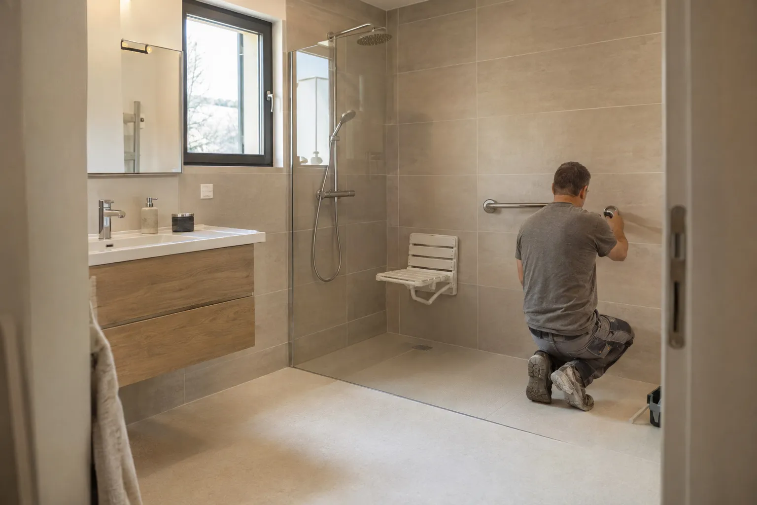 Salle de bain adaptée à un senior à Aubagne : douche de plain-pied carrelée, siège rabattable, barre d'appui et sol antidérapant